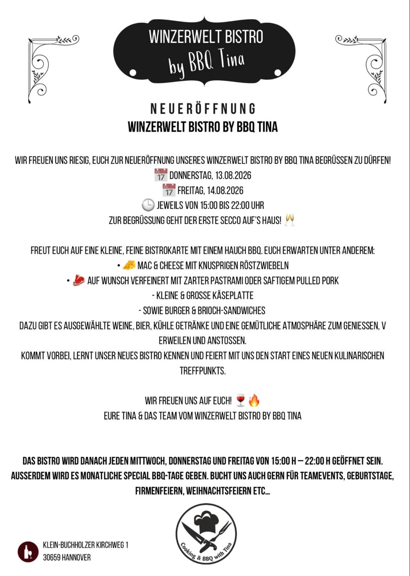 Veranstaltungsplakat: Eröffnung des Winzerwelt BISTRO by BBQ Tina