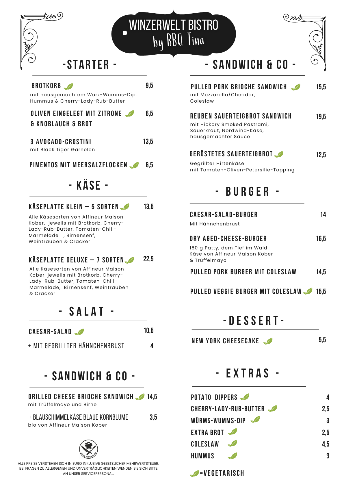 Speisekarte des Winzerwelt BISTRO by BBQ Tina